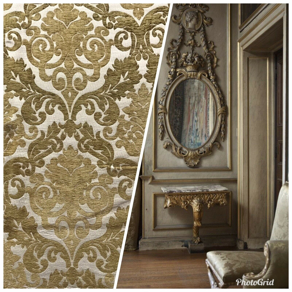 NEW Sir Arthur Double Sided Burnout Chenille Velvet Fabric- Mustard Ivory Upholstery Damask - Fancy Styles Fabric Pierre Frey Lee Jofa Brunschwig & Fils