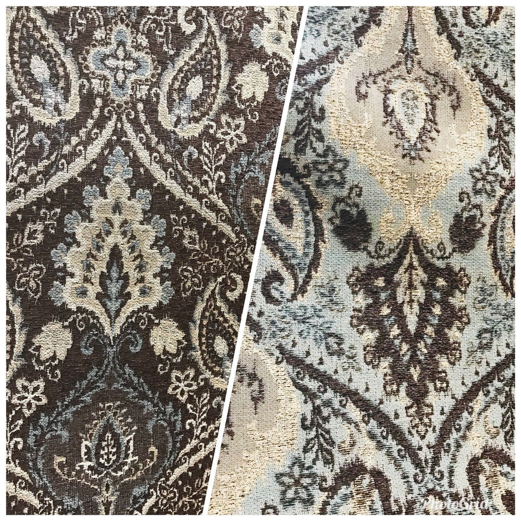 NEW Double Sided Burnout Kilim Rug Inspired Fabric- Blue Brown Upholstery - Fancy Styles Fabric Boutique