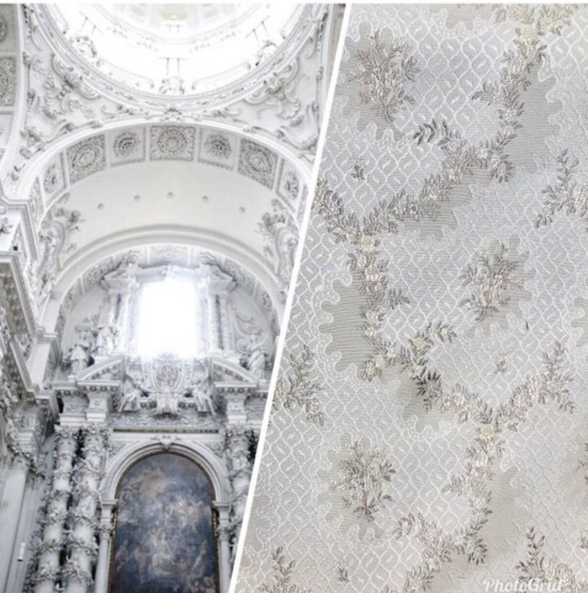 SWATCH 4” x 7” - Brocade Jacquard Fabric- White,Ivory, Grey Floral- Upholstery - Fancy Styles Fabric Pierre Frey Lee Jofa Brunschwig & Fils