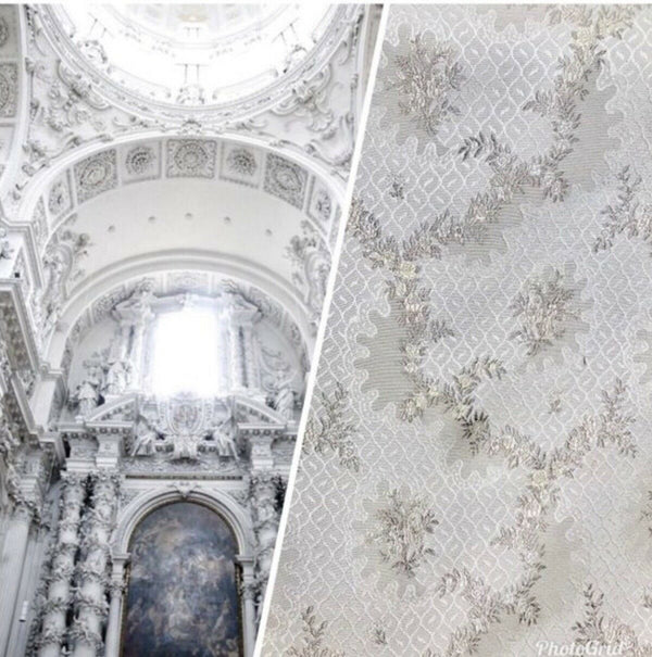 SWATCH 4” x 7” - Brocade Jacquard Fabric- White,Ivory, Grey Floral- Upholstery - Fancy Styles Fabric Pierre Frey Lee Jofa Brunschwig & Fils