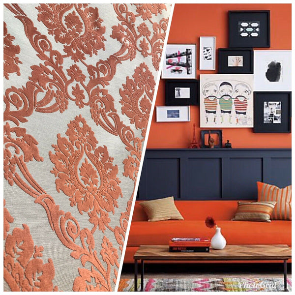 NEW Duke Raphael Designer Velvet Chenille Burnout Damask Upholstery Fabric - Orange - Fancy Styles Fabric Pierre Frey Lee Jofa Brunschwig & Fils