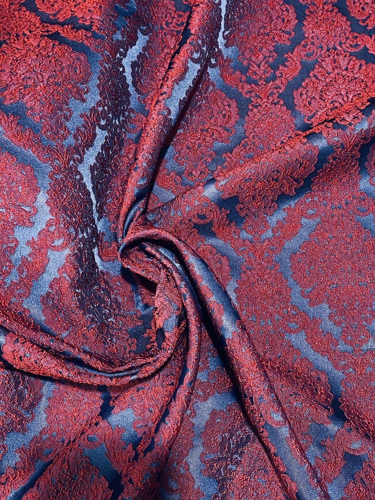NEW Princess Giselle Designer Damask Satin Drapery Upholstery Fabric - Electric Red & Navy Blue - Fancy Styles Fabric Pierre Frey Lee Jofa Brunschwig & Fils