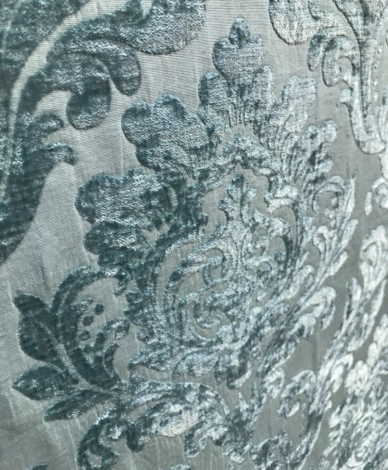 Queen Isabella Designer Damask Burnout Chenille Velvet Fabric - Turquoise Green - Fancy Styles Fabric Pierre Frey Lee Jofa Brunschwig & Fils