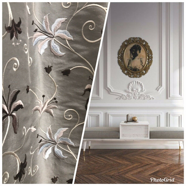 NEW! 100% Silk Embroidered Dupioni Taffeta Fabric - Floral Silver Gray Floral - Fancy Styles Fabric Pierre Frey Lee Jofa Brunschwig & Fils