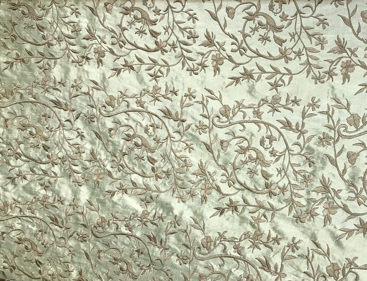 SALE! Designer 100% Silk Taffeta Dupioni Embroidery Floral Fabric - Mint Green - Fancy Styles Fabric Boutique