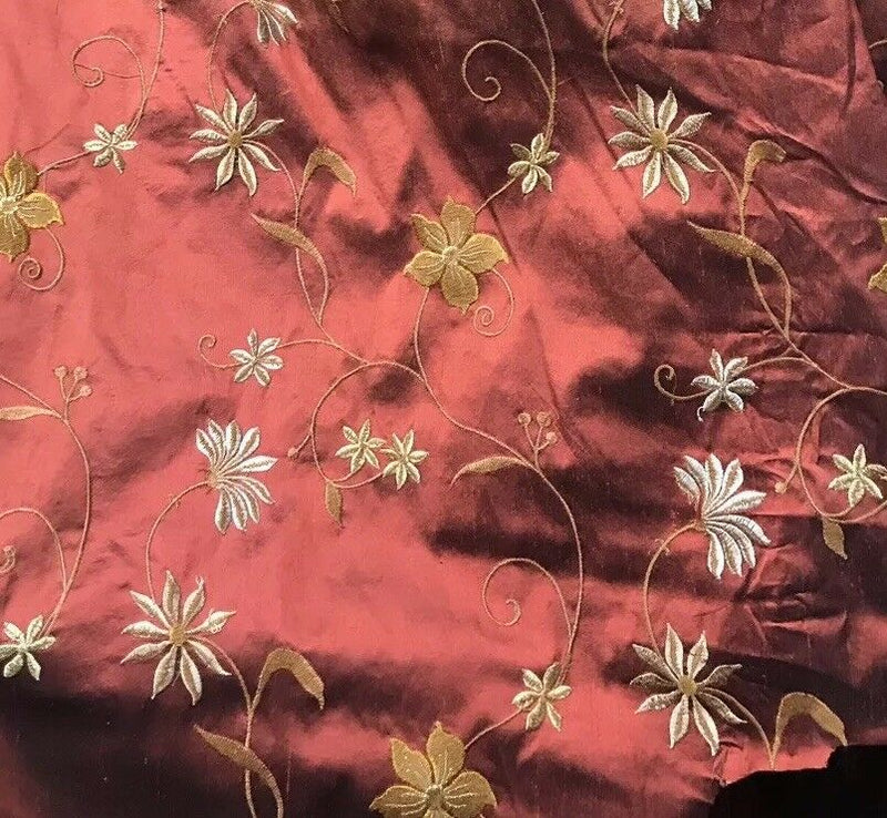 SALE! Designer 100% Silk Taffeta Embroidery Floral Fabric Rust Red- Textured - Fancy Styles Fabric Pierre Frey Lee Jofa Brunschwig & Fils