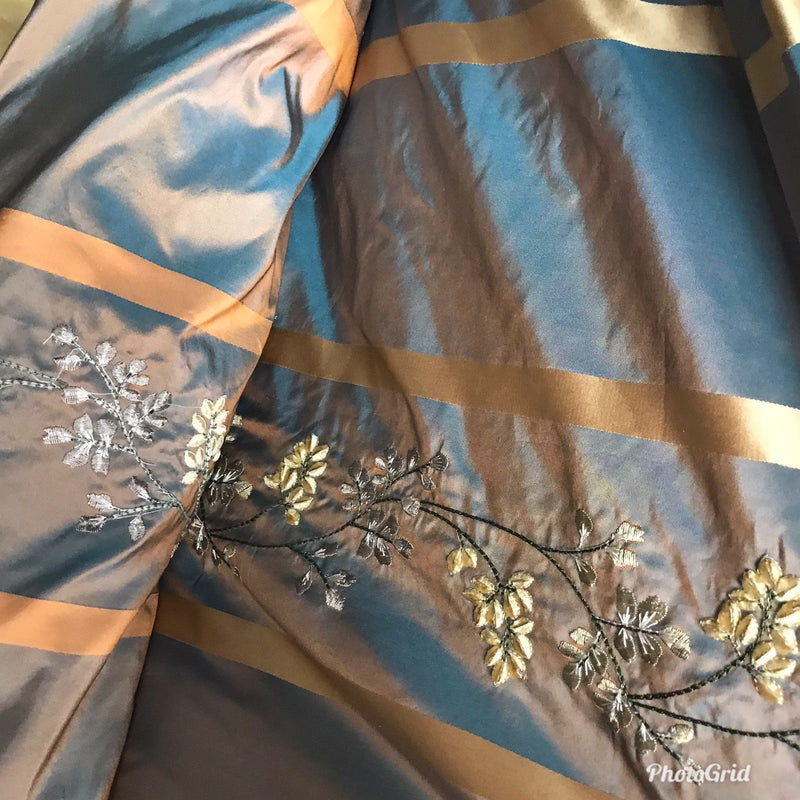 SALE! Designer 100% Silk Taffeta Embroidery Fabric Teal & Peach Iridescent - Fancy Styles Fabric Boutique
