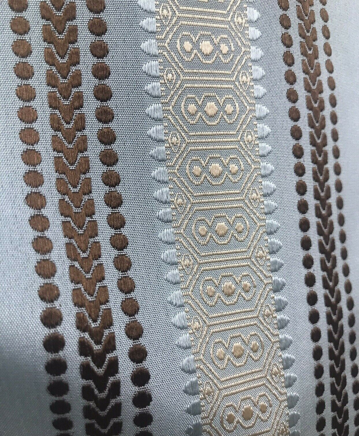 Sir Bradley Designer Brocade Satin Fabric- Pale Blue, Brown, Gold Stripes Neoclassical G1 - Fancy Styles Fabric Pierre Frey Lee Jofa Brunschwig & Fils