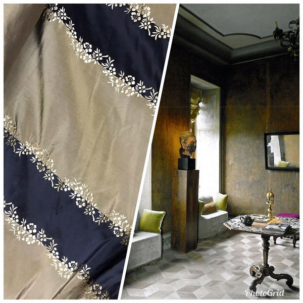 NEW! Lady Kristen 100% Silk Taffeta Embroidered Stripe Floral Fabric- Khaki Black Gold - Fancy Styles Fabric Pierre Frey Lee Jofa Brunschwig & Fils