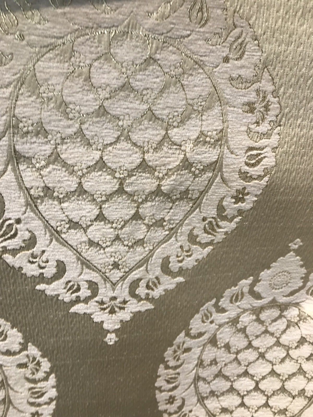 SWATCH Brocade Satin Fabric- Antique Cream And Gold Damask Decorating - Fancy Styles Fabric Pierre Frey Lee Jofa Brunschwig & Fils