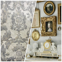 NEW! Antique Inspired Burnout Velvet Damask Fabric - White W/ Silver & Gray - Fancy Styles Fabric Boutique