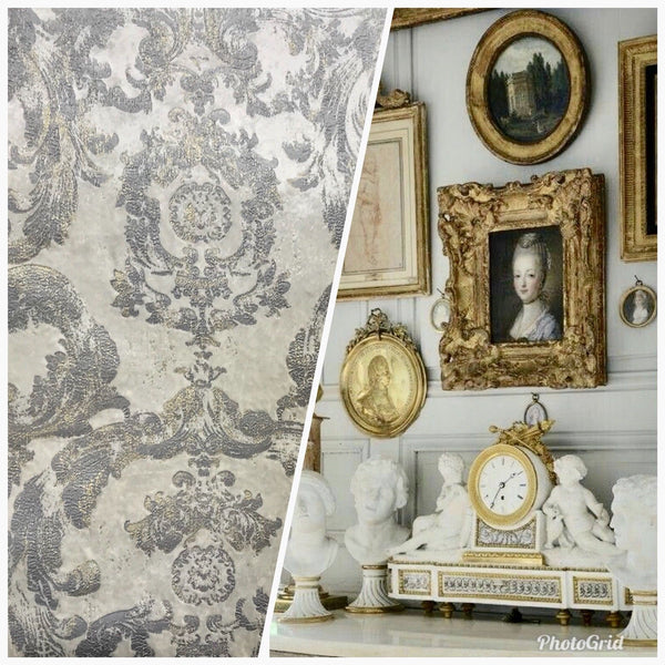 NEW! Antique Inspired Burnout Velvet Damask Fabric - White W/ Silver & Gray - Fancy Styles Fabric Boutique
