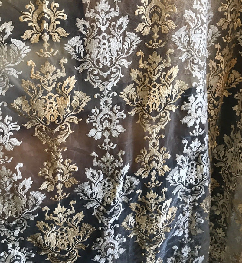 SALE 112” Wide Sheer Voile Drapery Fabric Interior Decorating- Taupe Embroidery - Fancy Styles Fabric Boutique