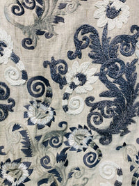 NEW! Novelty 100% Linen Fabric Floral Crewel Embroidery- Blue, White, Ecru - Fancy Styles Fabric Pierre Frey Lee Jofa Brunschwig & Fils