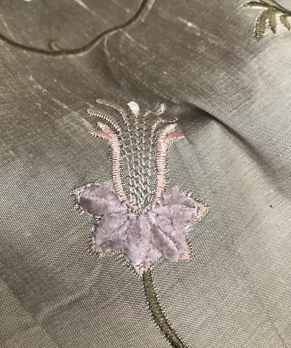 NEW! 100% Silk Dupioni Embroidered Velvet Floral Fabric- Grey Taupe Lavender BTY - Fancy Styles Fabric Pierre Frey Lee Jofa Brunschwig & Fils