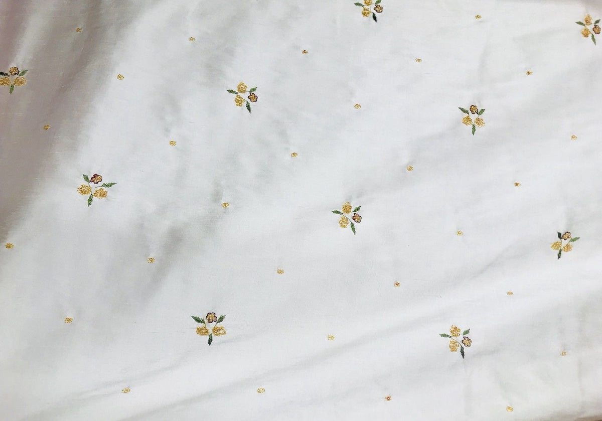 SALE! Beaded Floral 100% Silk Taffeta Fabric - Ivory W/ Yellow Beaded Flowers - Fancy Styles Fabric Boutique