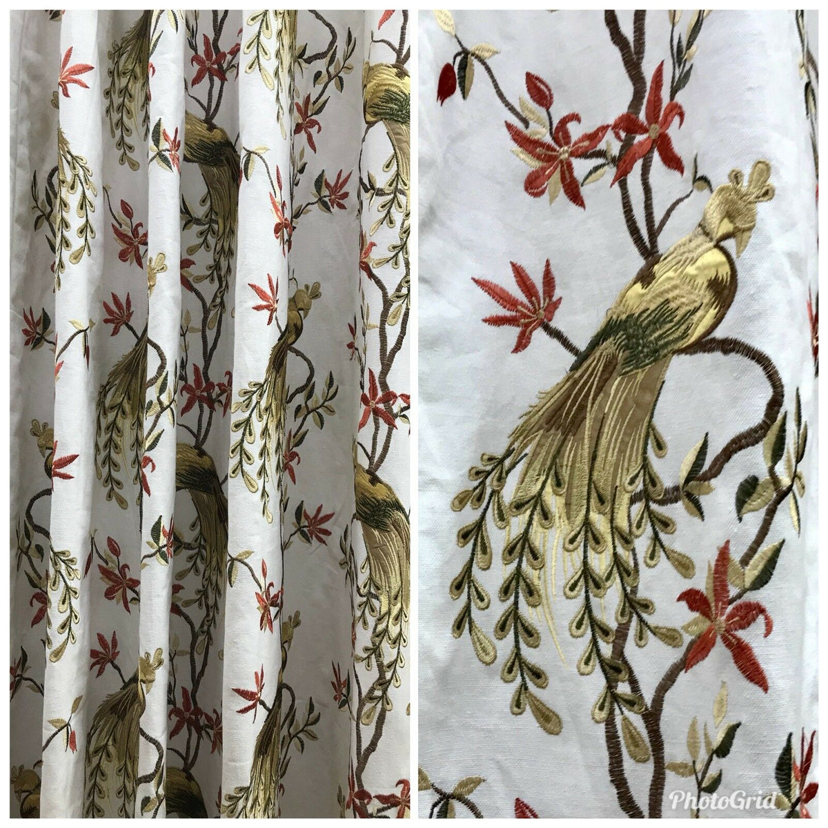 NEW! Lady Patrice Designer Cotton Embroidered Peacock Drapery Fabric  - White - Fancy Styles Fabric Pierre Frey Lee Jofa Brunschwig & Fils