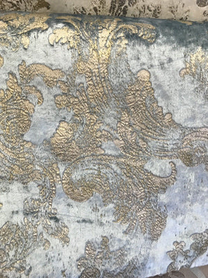 Designer Burnout Antique Inspired Velvet Fabric Eggshell Blue And Gold - Fancy Styles Fabric Pierre Frey Lee Jofa