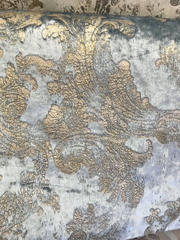 Designer Burnout Antique Inspired Velvet Fabric Eggshell Blue And Gold - Fancy Styles Fabric Pierre Frey Lee Jofa