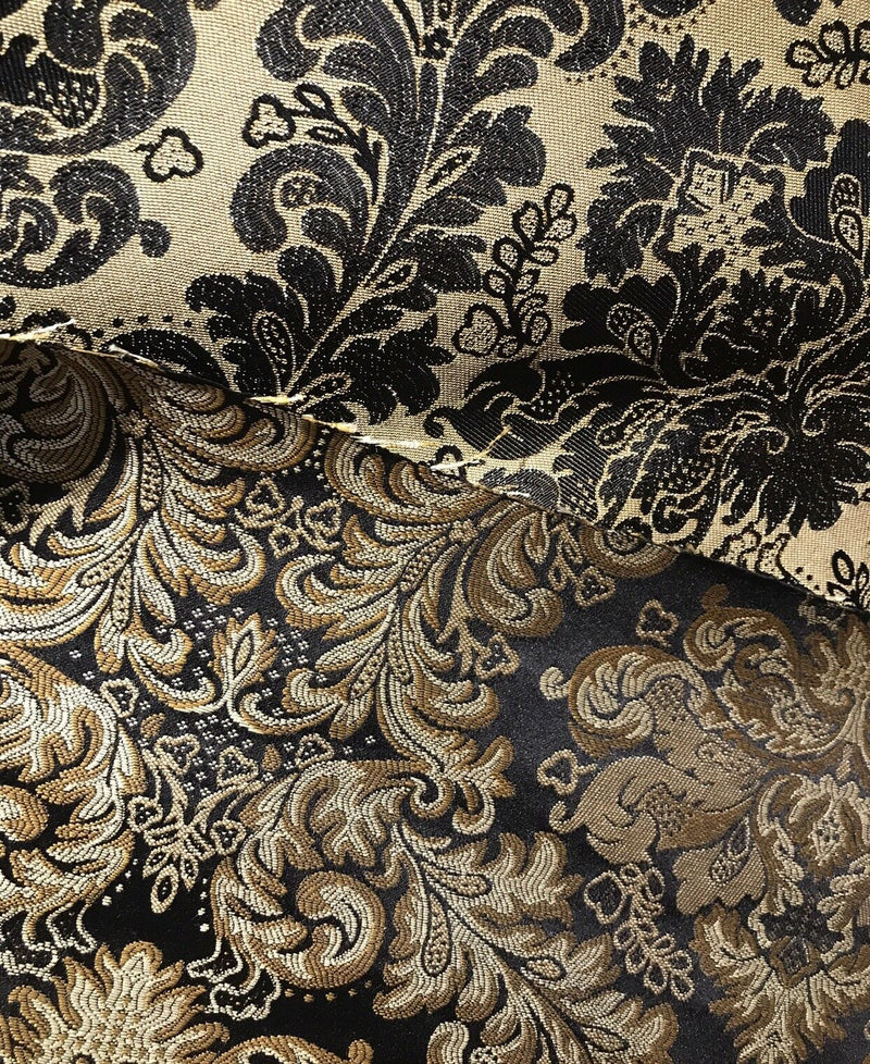 Prince Liam Neoclassical Brocade Satin Fabric Black Gold Upholstery Damask LLPBK0003 - Fancy Styles Fabric Pierre Frey Lee Jofa Brunschwig & Fils