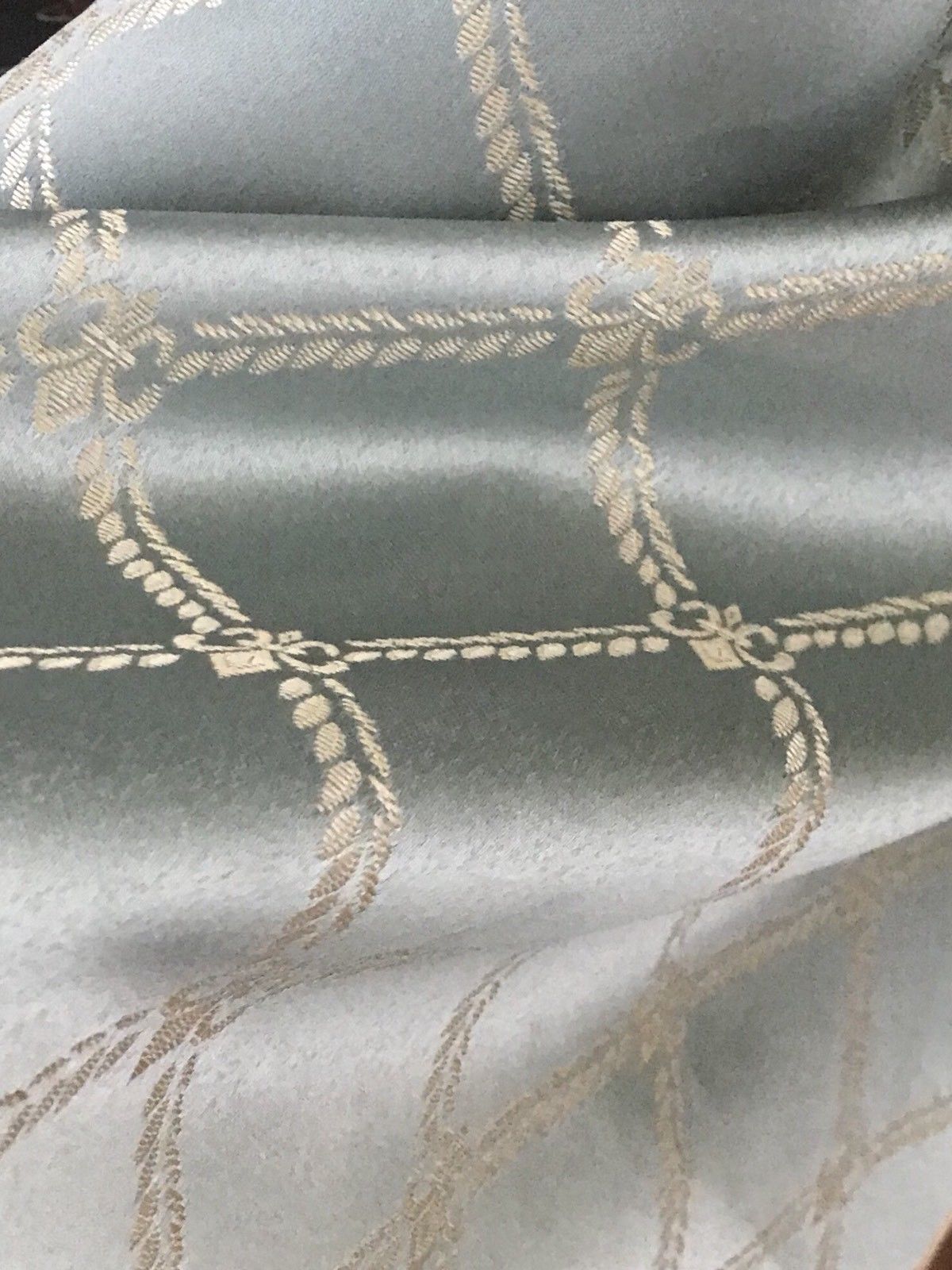 SALE! Designer Brocade Satin Fabric- Antique Silver Blue Rope Design Upholstery - Fancy Styles Fabric Boutique