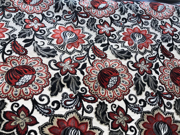 NEW Novelty Belgium Burnout Chenille Velvet Fabric Upholstery- Red Floral - Fancy Styles Fabric Boutique