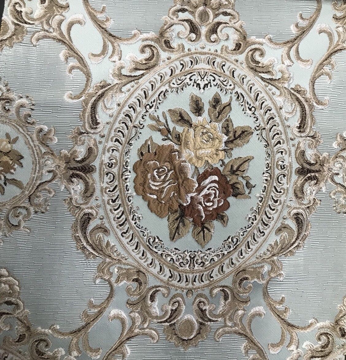 SWATCH Designer Brocade Satin Fabric- Antique Blue Taupe Roses Upholstery Damask - Fancy Styles Fabric Boutique