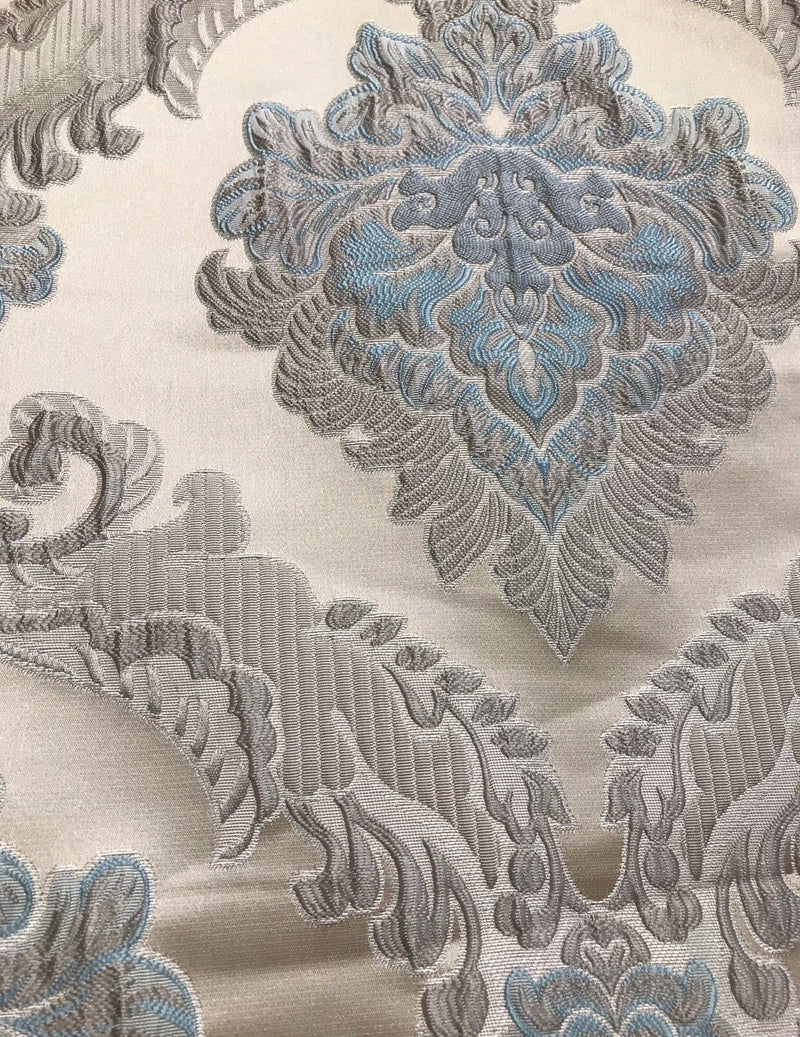 SWATCH Brocade Satin Fabric - Eggshell Blue Ivory  Floral Upholstery Damask - Fancy Styles Fabric Pierre Frey Lee Jofa Brunschwig & Fils