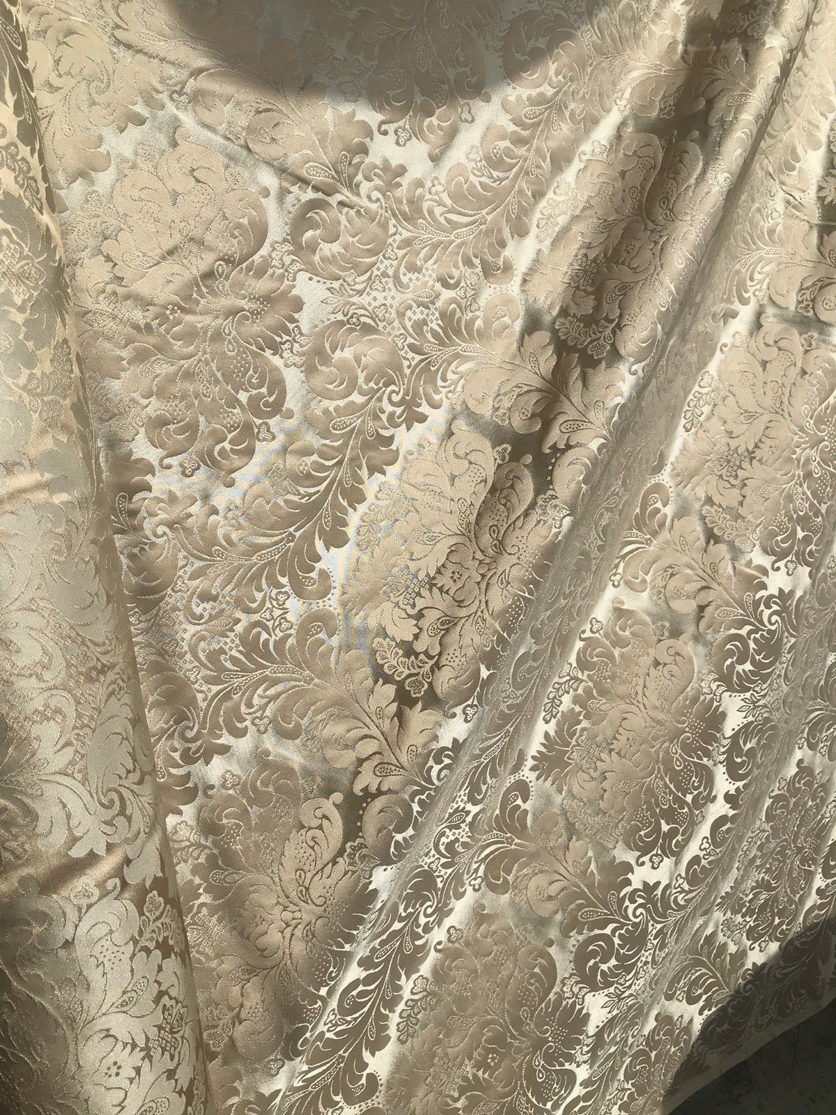 SALE! 100% Silk Taffeta Jacquard Drapery Damask Fabric - Beige & Silver Sea Foam - Fancy Styles Fabric Boutique