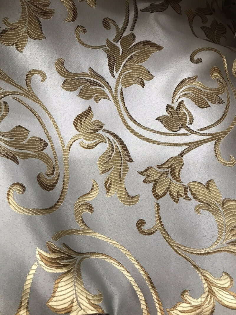 Prince Gaspard Designer Brocade Satin Fabric - Silver Blue Gold  Floral Upholstery Damask - Fancy Styles Fabric Pierre Frey Lee Jofa Brunschwig & Fils
