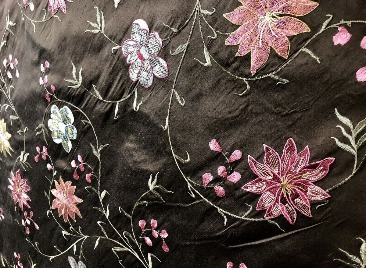 NEW! Queen Theodora 100% Silk Taffeta Embroidered Floral Motif Fabric Brown Pink Blue 55” wide - Fancy Styles Fabric Pierre Frey Lee Jofa Brunschwig & Fils