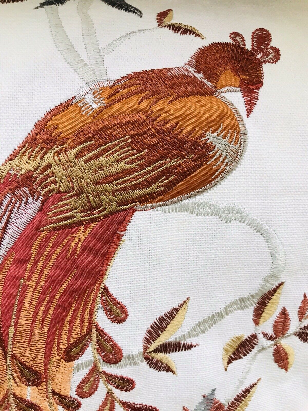 NEW! Lady Patrice Designer Embroidered Peacock Drapery Fabric  - Rust Orange Blue-Grey G11 - Fancy Styles Fabric Pierre Frey Lee Jofa Brunschwig & Fils