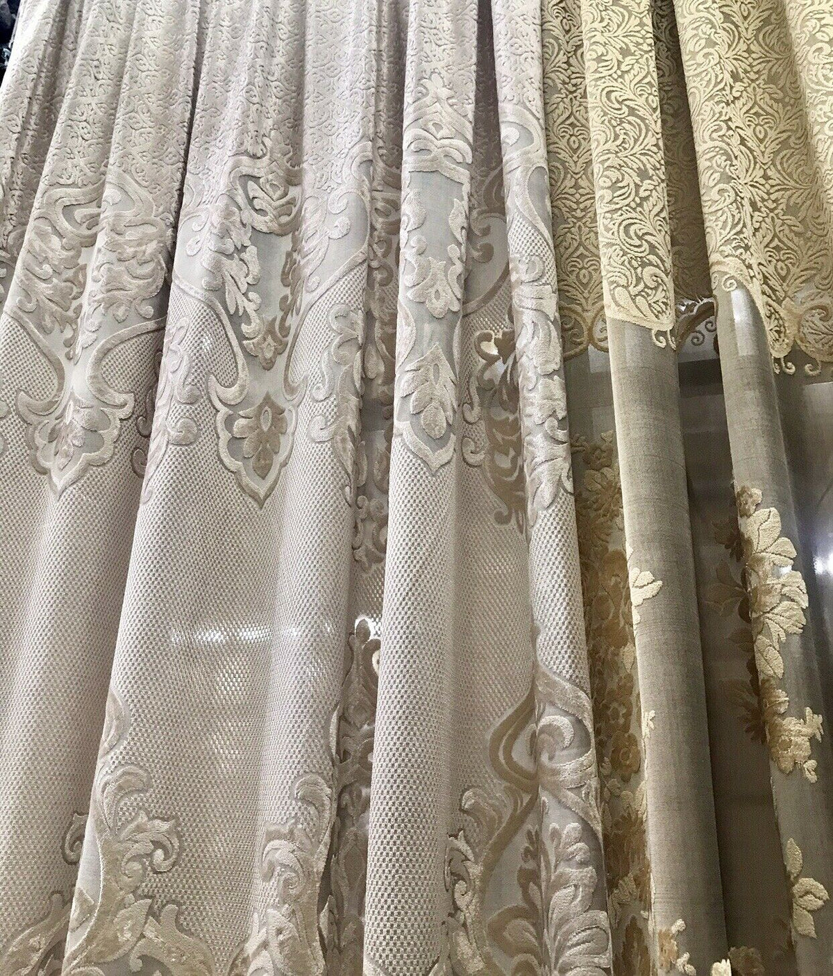 NEW! 112” Wide Designer Sheer Burnout Velvet Lace Drapery Fabric- Shell Pearl - Fancy Styles Fabric Pierre Frey Lee Jofa Brunschwig & Fils