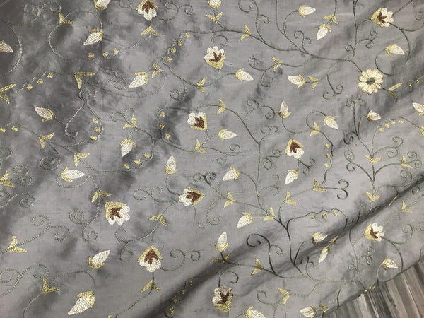 SALE! Designer 100% Silk Taffeta Embroidered Fabric - French Antique Blue - Fancy Styles Fabric Boutique