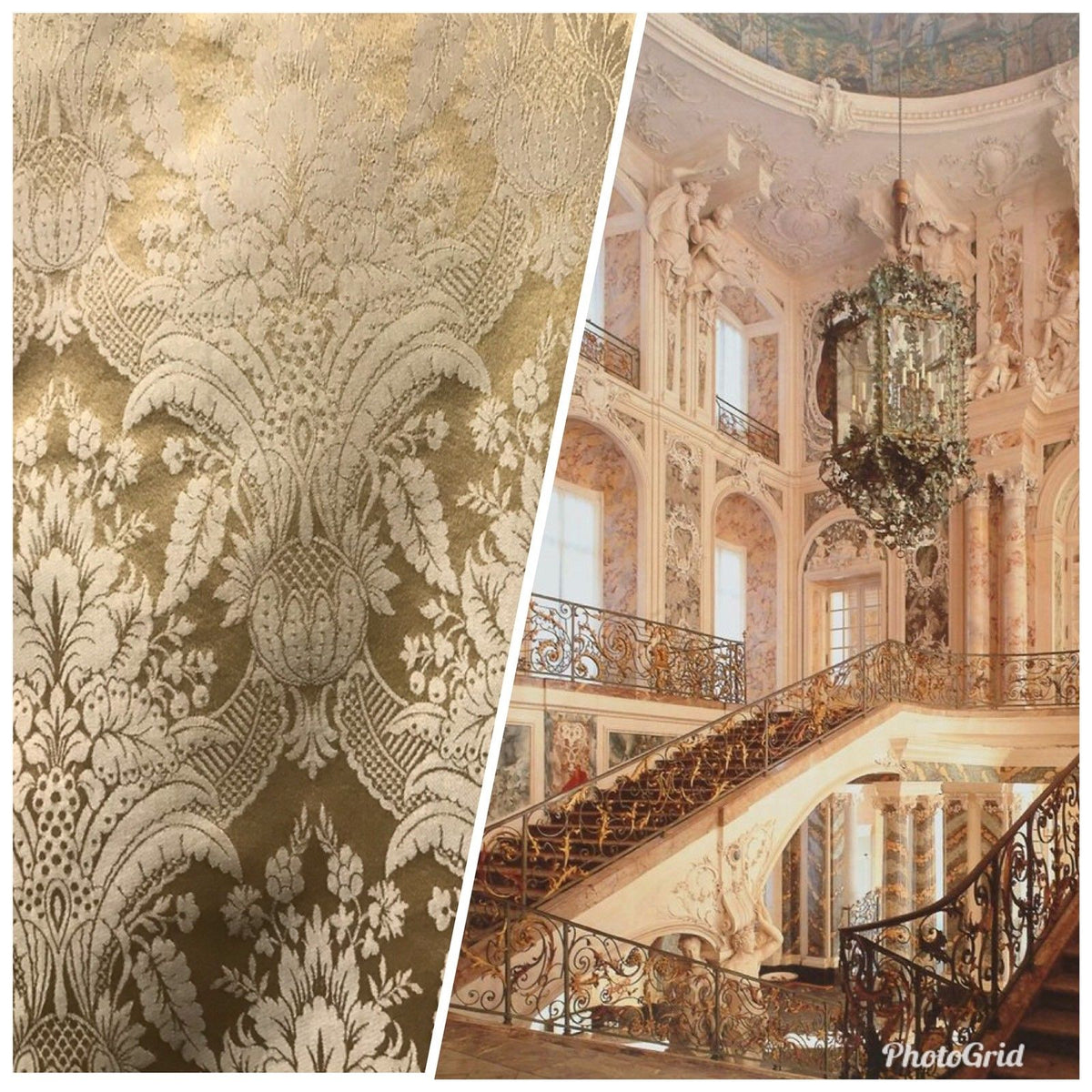 NEW! SALE! Designer Damask Satin Fabric- Antique Gold Beige - Upholstery Brocade - Fancy Styles Fabric Boutique