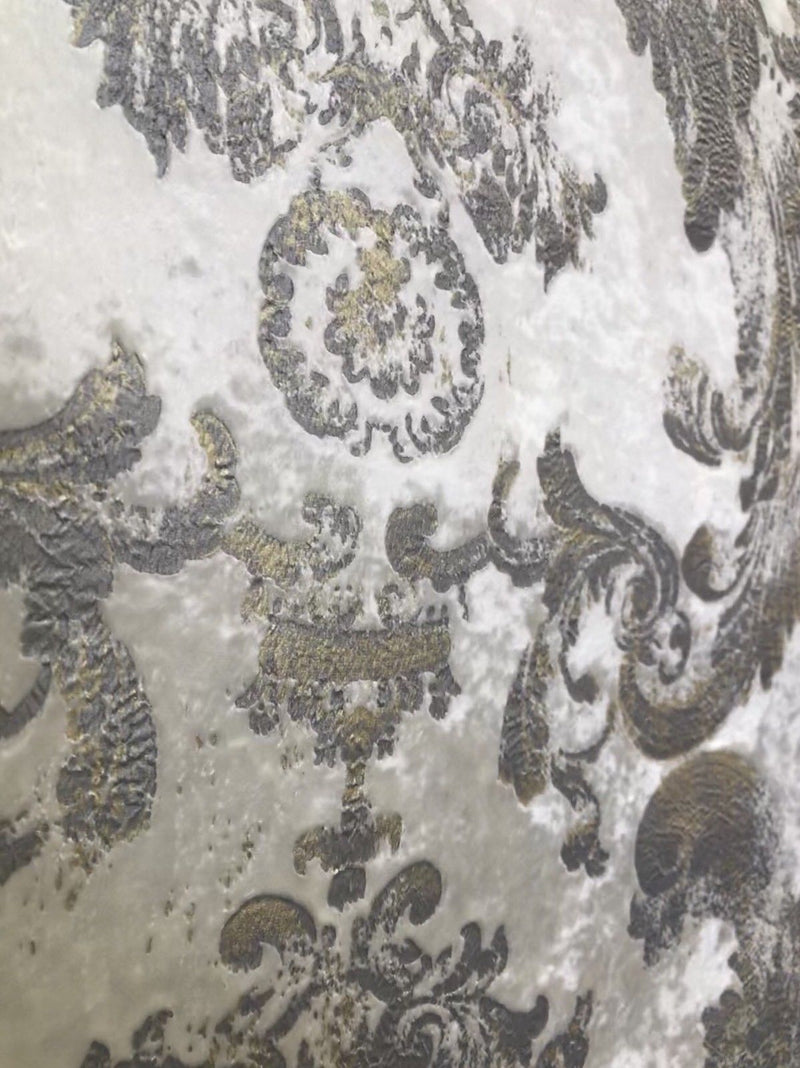 NEW! Antique Inspired Burnout Velvet Damask Fabric - White W/ Silver & Gray - Fancy Styles Fabric Boutique