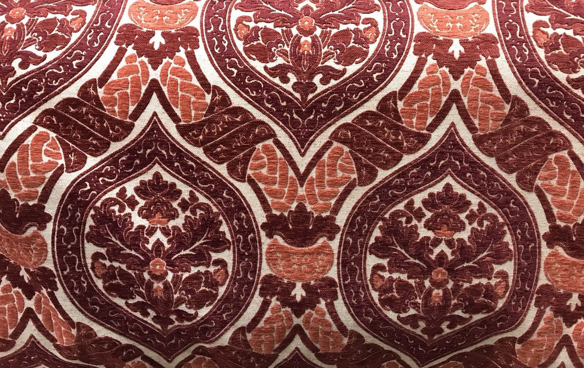 NEW SALE! Double Sided Burnout Chenille Velvet Fabric- Red Upholstery Damask - Fancy Styles Fabric Boutique