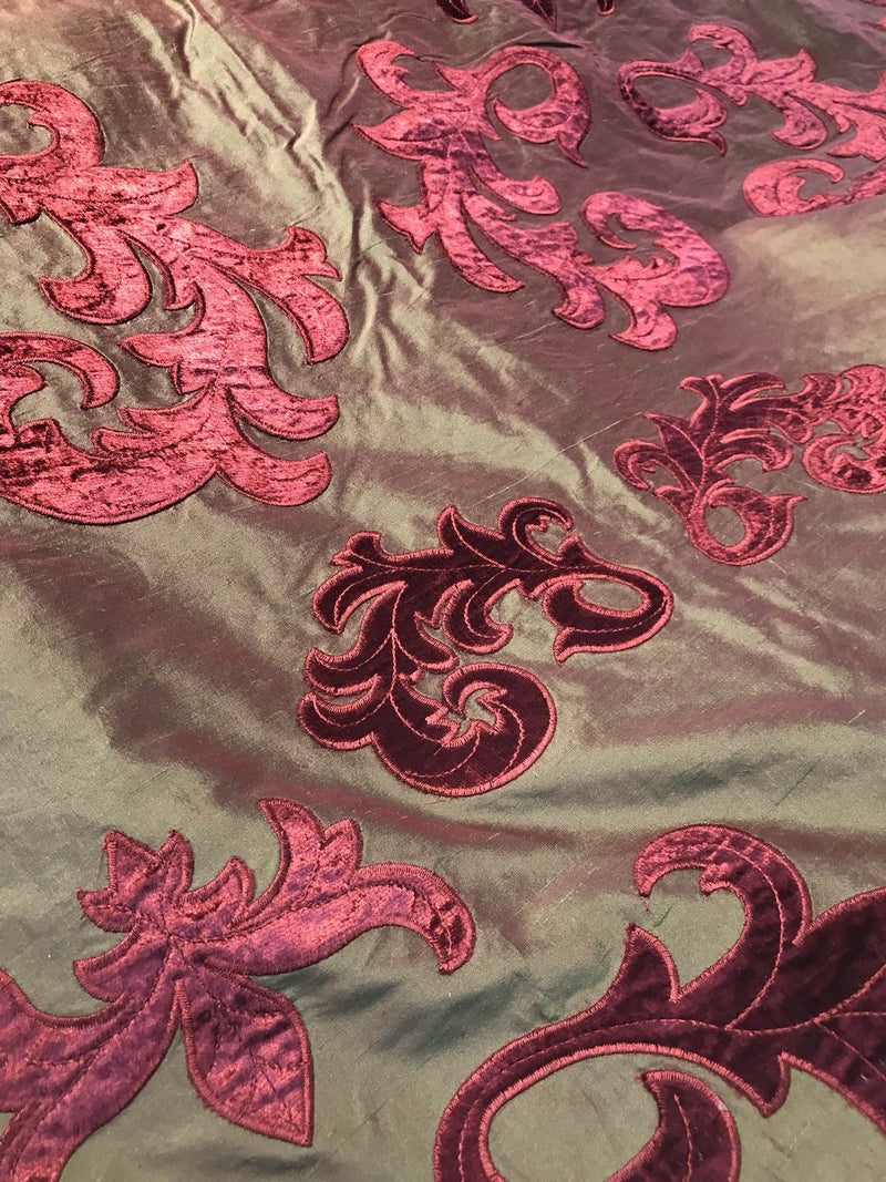 NEW Made In Belgium Designer 100% Silk Taffeta Cut Velvet Fabric- Red - Fancy Styles Fabric Boutique