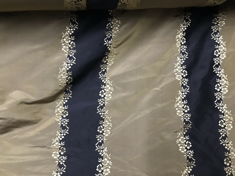 NEW! Lady Kristen 100% Silk Taffeta Embroidered Stripe Floral Fabric- Khaki Black Gold - Fancy Styles Fabric Pierre Frey Lee Jofa Brunschwig & Fils