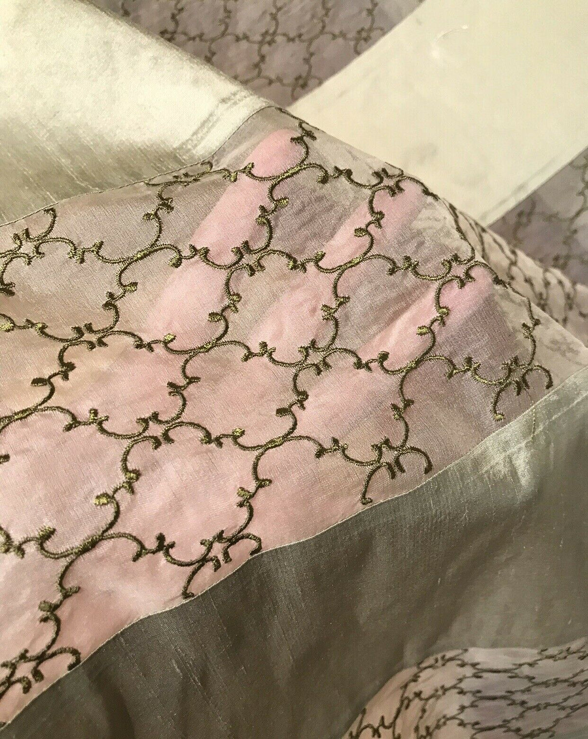 Lady Rachelle 100% Silk Taffeta Striped Drapery Fabric - Pale Green & Clear - Embroidered - Fancy Styles Fabric Pierre Frey Lee Jofa Brunschwig & Fils
