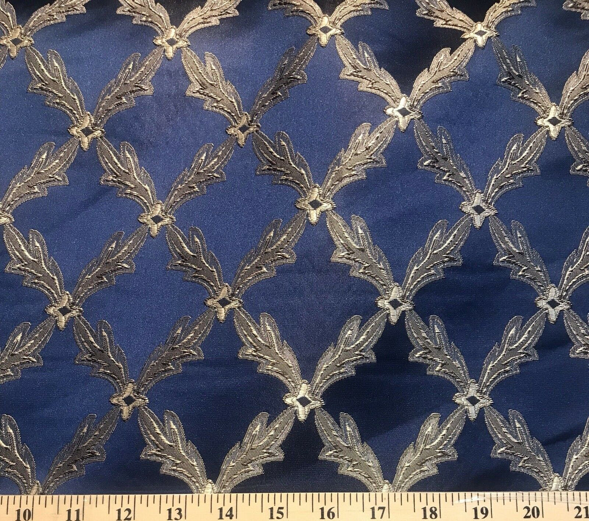 Lady Cadence Designer Brocade Upholstery & Drapery Satin Fabric - Jewel Blue & Gold - Fancy Styles Fabric Pierre Frey Lee Jofa Brunschwig & Fils
