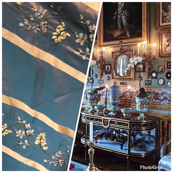 SALE! Designer 100% Silk Taffeta Embroidery Fabric Teal & Peach Iridescent - Fancy Styles Fabric Boutique