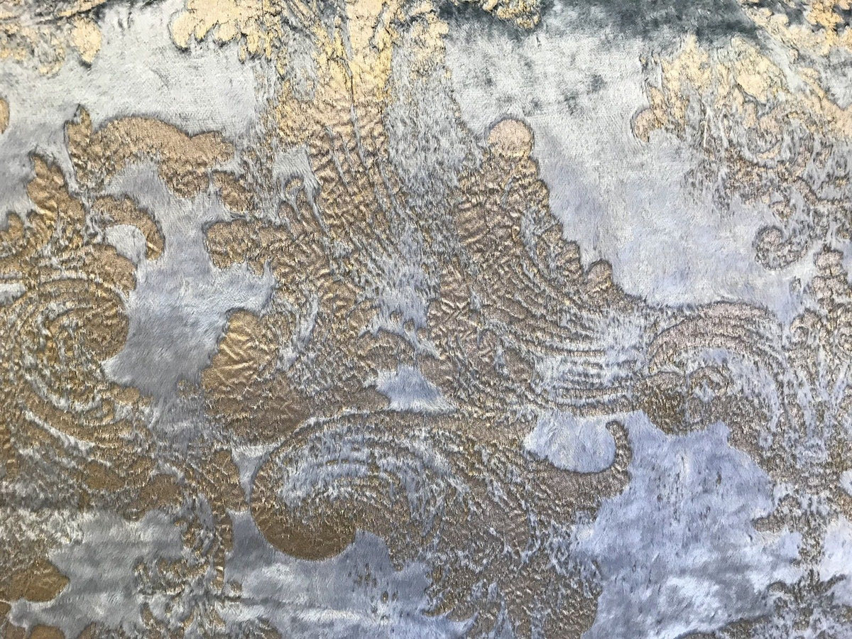 Designer Burnout Antique Inspired Velvet Fabric Eggshell Blue And Gold - Fancy Styles Fabric Pierre Frey Lee Jofa