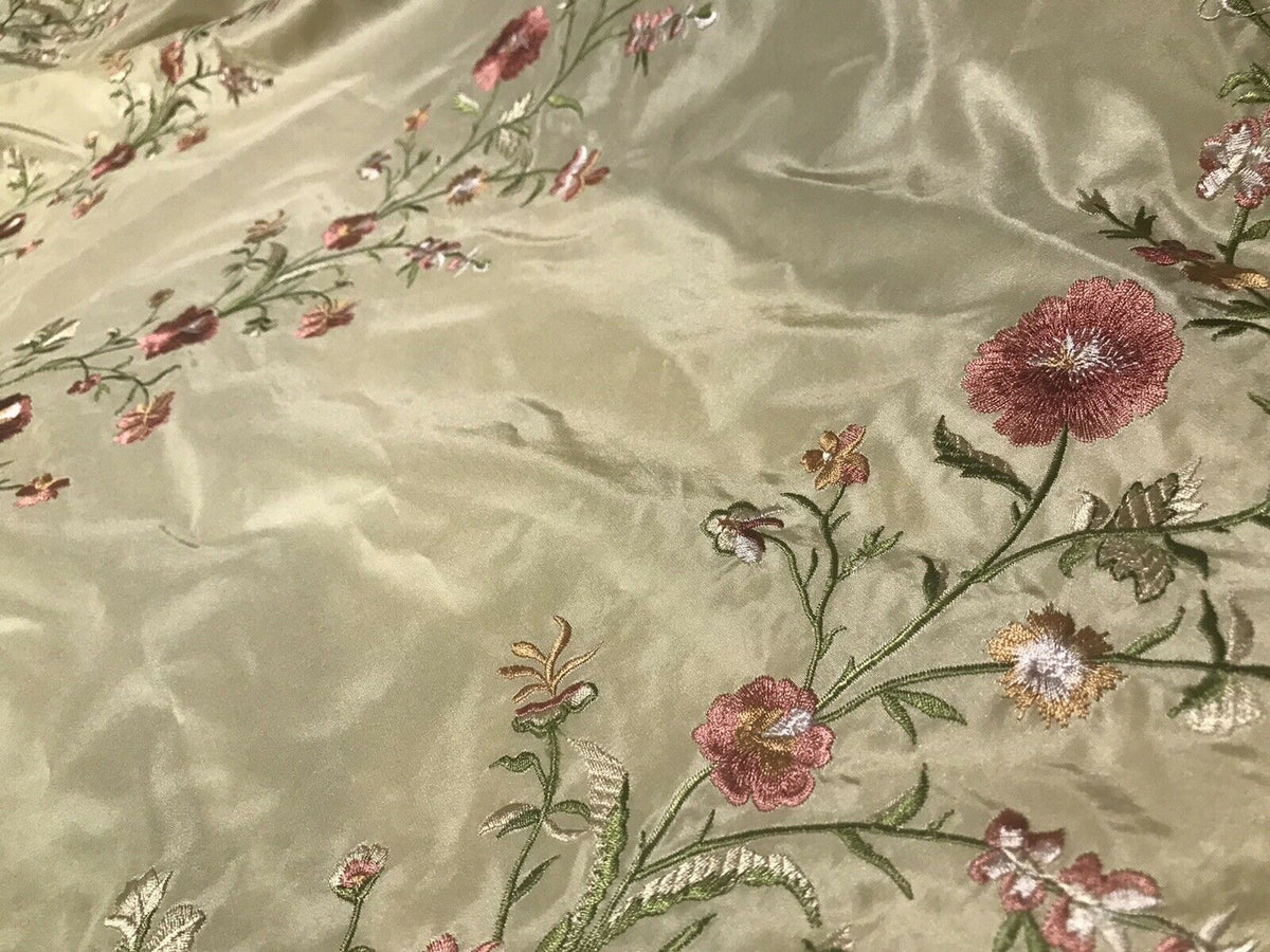 1 Yard Remnant- Designer 100% Silk Dupioni Embroidery Floral Fabric- Beige - Fancy Styles Fabric Pierre Frey Lee Jofa Brunschwig & Fils