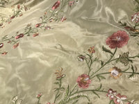 1 Yard Remnant- Designer 100% Silk Dupioni Embroidery Floral Fabric- Beige - Fancy Styles Fabric Pierre Frey Lee Jofa Brunschwig & Fils