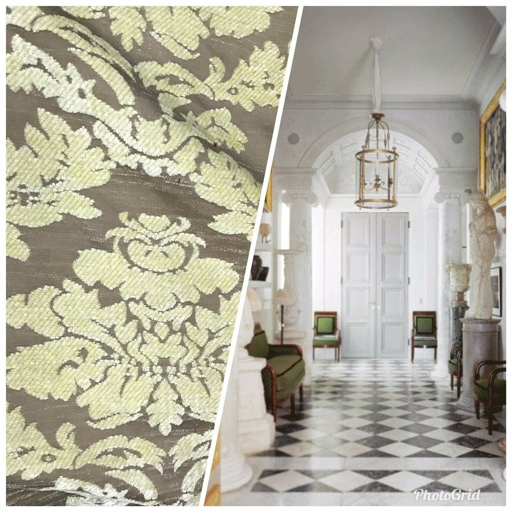 BACK IN STOCK!!! Lady Janet Damask Burnout Chenille Velvet Fabric - Soft Yellow & Taupe - Fancy Styles Fabric Pierre Frey Lee Jofa Brunschwig & Fils