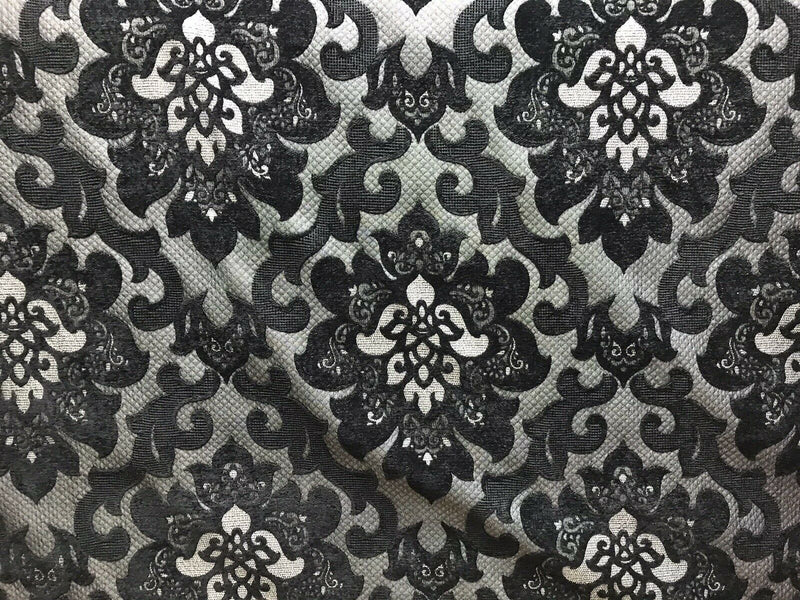NEW Queen Allyson Designer Velvet Chenille Quilted Damask Burnout Upholstery Fabric - Black - Fancy Styles Fabric Pierre Frey Lee Jofa Brunschwig & Fils