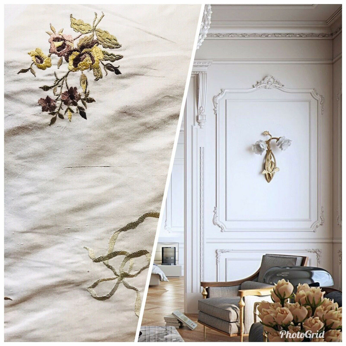 NEW! Designer 100% Silk Dupioni Floral & Ribbon Motif Embroidered Fabric BTY - Fancy Styles Fabric Pierre Frey Lee Jofa Brunschwig & Fils