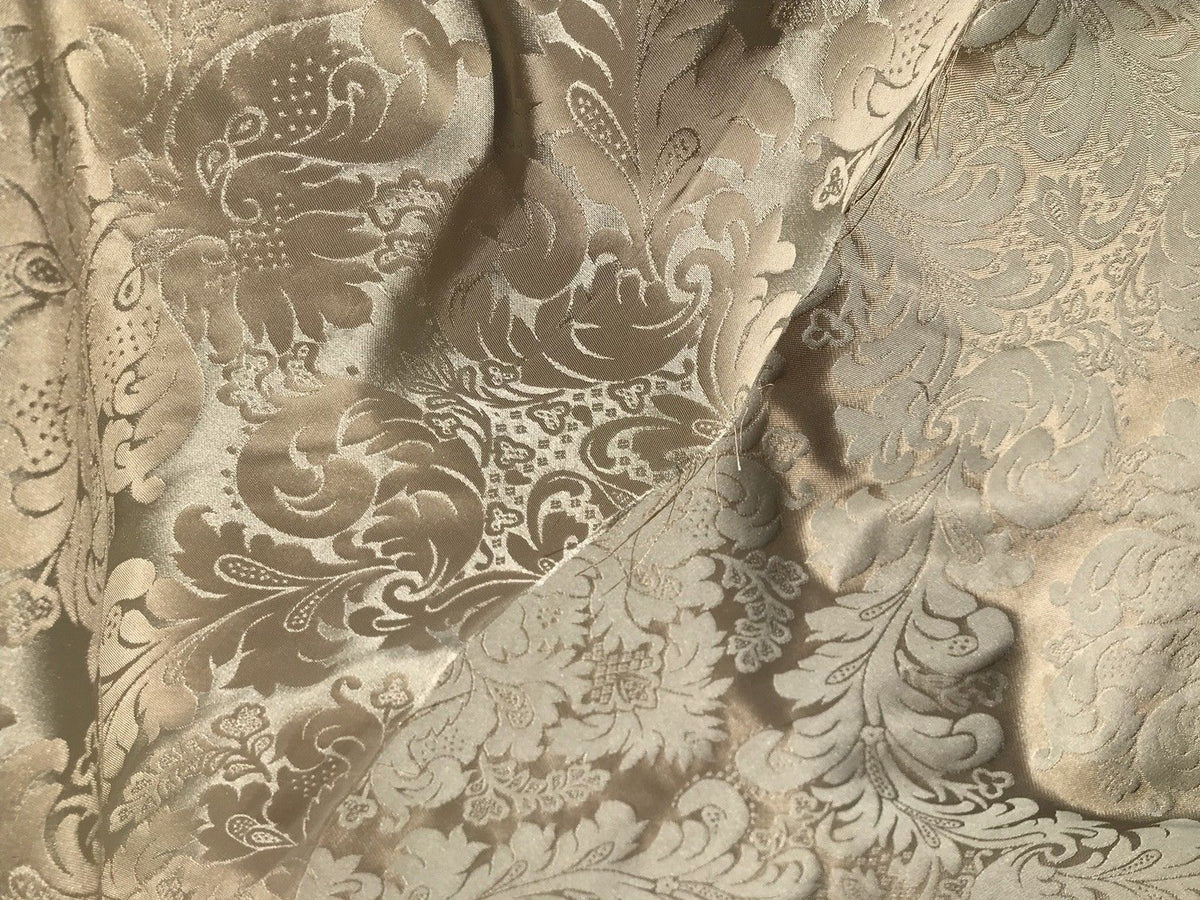 SALE! 100% Silk Taffeta Jacquard Drapery Damask Fabric - Beige & Silver Sea Foam - Fancy Styles Fabric Boutique