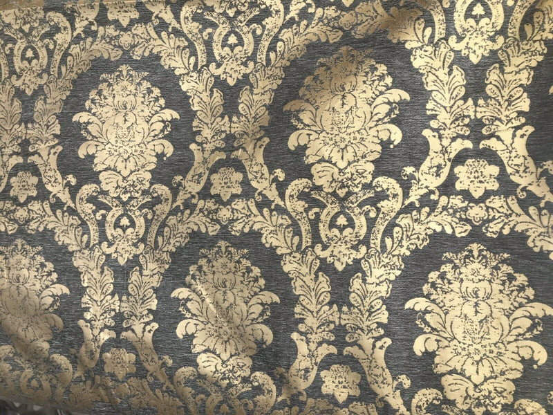 Lord Augustin Designer Velvet Chenille Burnout Damask Upholstery Fabric - Gray & Gold - Fancy Styles Fabric Pierre Frey Lee Jofa Brunschwig & Fils